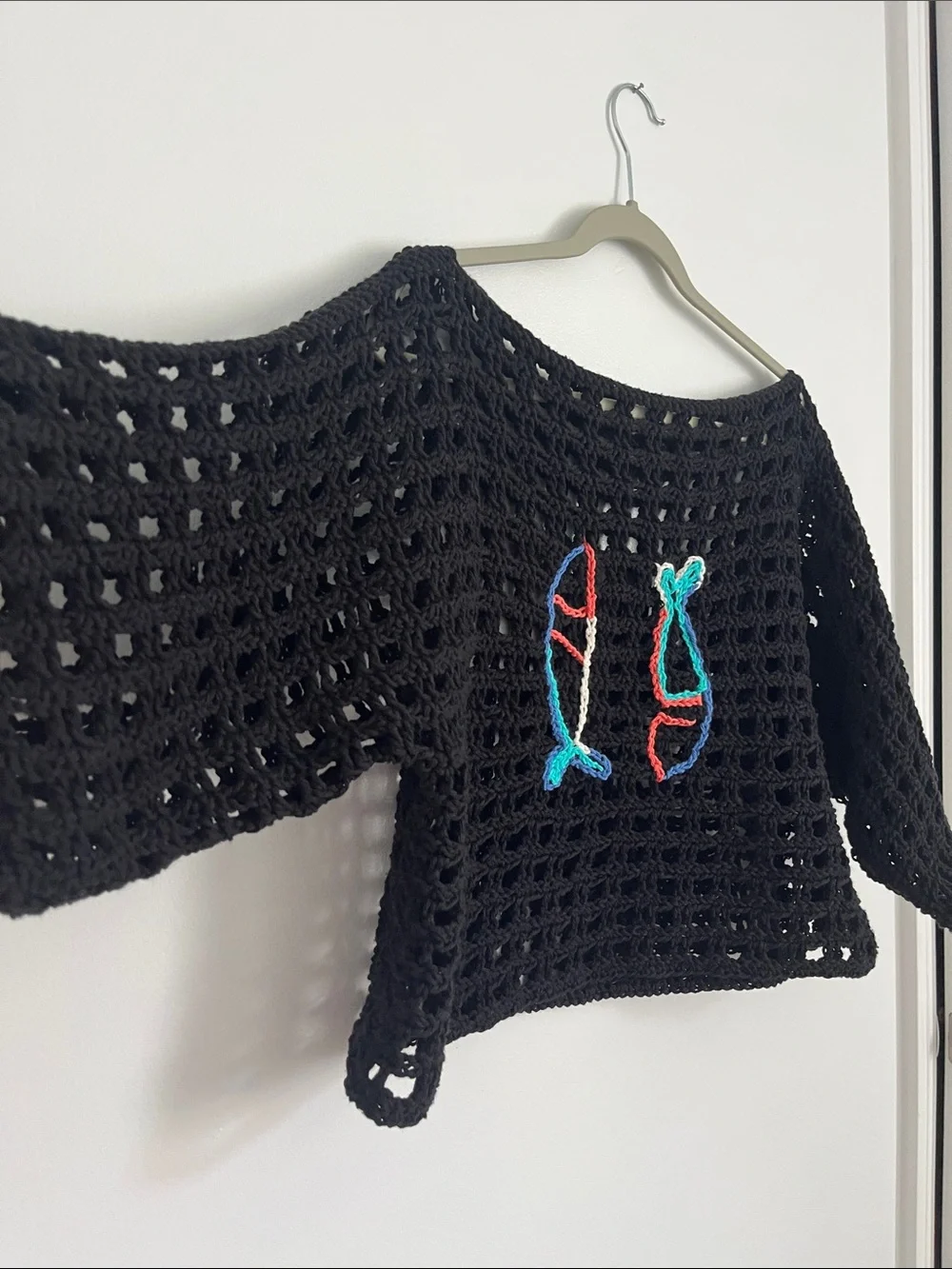 Handmade Black Crochet boxy tee with Colorful Fish Embroidery